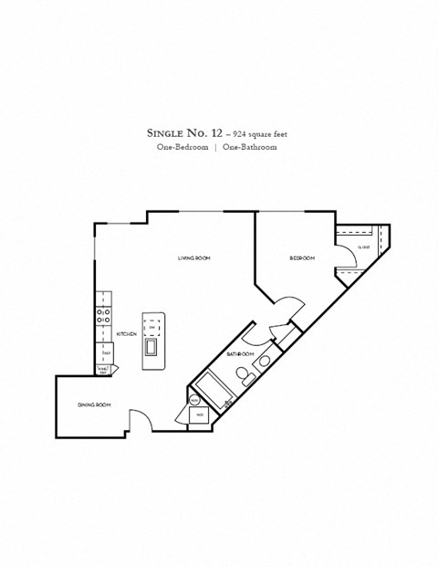 Floor plan for 1 bed, 1 bath, 924 sqft